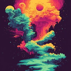 Wall Mural - Vibrant cosmic scene with colorful clouds and planets.