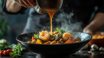 Poster - A dynamic image of a chef pouring hot into a bowl, with steam rising and fresh shrimp, mushrooms, and herbs clearly visible, capturing the essence of Thai cuisine.