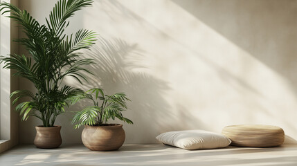 a serene home coffee relax corner that blends Japandi style ,featuring a wooden chair, a round table, and potted plant 