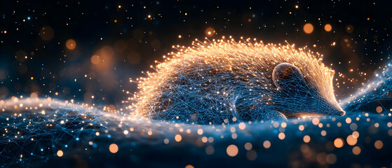 Poster - A magical hedgehog glows with shimmering lights against a dark background, creating a whimsical and enchanting atmosphere.
