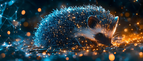Poster - A whimsical hedgehog exploring a vibrant landscape filled with sparkling lights and colors, showcasing a playful and enchanting atmosphere.