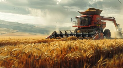 A contemporary red combine harvester collecting wheat under a cloudy sky, showcasing the advanced technology and efficiency of modern agricultural machinery in field operations.