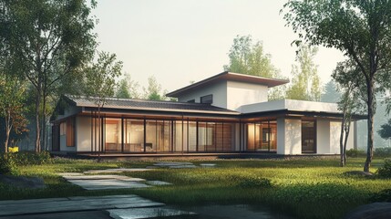 A dynamic image of a modern Japanese house blending traditional elements with contemporary design, showcasing a clean, minimalist exterior with large windows and a sleek roofline.