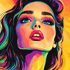 Wall Mural - Vibrant portrait of a woman with colorful, stylized features.