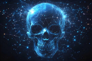 Poster - A futuristic skull design illuminated in blue light, representing mortality and technology in an abstract cosmic background.
