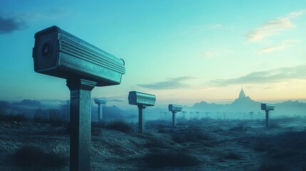 Wall Mural - A group of surveillance cameras are standing in a field