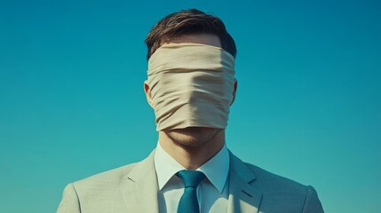 A man wearing a suit and tie is wearing a bandana over his face