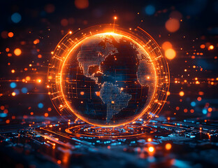 Poster - Futuristic digital globe with glowing elements representing connectivity and technology in a vibrant, high-tech environment.