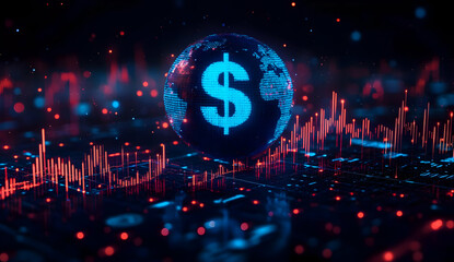 Poster - A futuristic globe with a dollar sign surrounded by high-tech data visualizations, symbolizing global finance and investment trends.