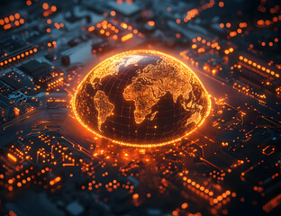 Poster - A glowing globe depicting the world surrounded by circuit patterns, representing the fusion of technology and earth.