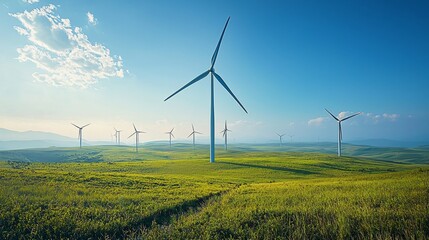 Sticker - Wind turbines in a green landscape under a clear blue sky.