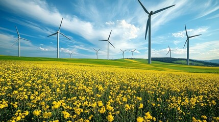 Sticker - Wind turbines in a vibrant yellow flower field under a blue sky.