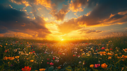 A vibrant wildflower meadow at sunset, with golden rays illuminating the sky.