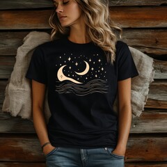 Wall Mural - Woman wearing a black t-shirt with a moon and stars design.