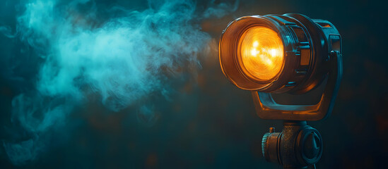 Poster - A professional camera lens captures dynamic light and smoke, showcasing creativity in photography with vivid colors and textures.