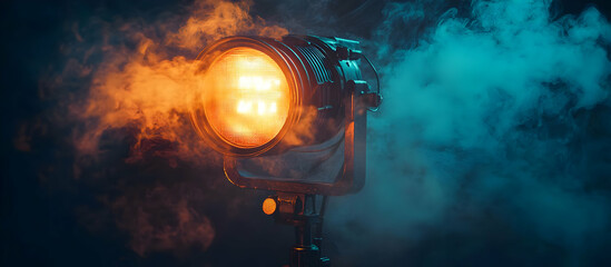 Poster - Illuminating spotlight emits warm glow amid colorful smoke, creating an atmospheric scene perfect for creative projects.