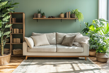 Wall Mural - a serene living room corner in a small, minimal apartment, featuring a sofa, TV counter, and bookshelf, all while embracing Wabi-Sabi Japandi design principles