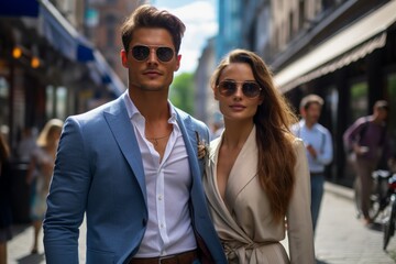 Poster - A man and a woman are posing for a photo on a city street