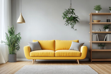 Wall Mural - a serene living room corner in a small, minimal apartment, featuring a sofa, TV counter, and bookshelf, all while embracing Wabi-Sabi Japandi design principles