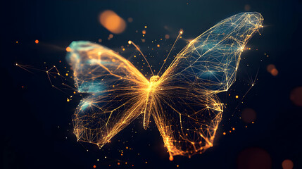 Poster - A digital butterfly illuminated with glowing particles, showcasing a blend of elegance and technology in vibrant colors.