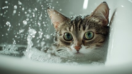 Poster - A dynamic shot of a cat's first bath experience, with a mix of curiosity and apprehension as it explores the bath environment, capturing the learning process.