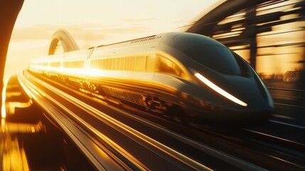 Poster - A dynamic shot of a high-speed train crossing a bridge at sunset, with the golden light reflecting off its smooth, aerodynamic design.