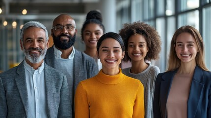 1. A diverse group of professionals from various ethnic backgrounds standing together in a modern office setting, smiling and sharing ideas, representing inclusivity in the workplace