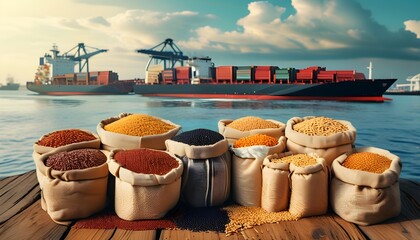 Wall Mural - Efficient Transportation of Food Grains by Boat in Port Logistics and Grain Deal Operations