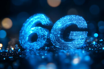 Poster - Futuristic 6G technology representation with glowing digital numbers on a blue background, symbolizing advanced connectivity.