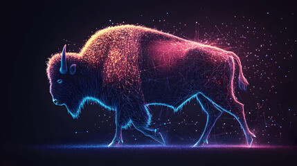 Vibrant digital art of a bison, illuminated with colorful sparks and glowing details against a dark background.