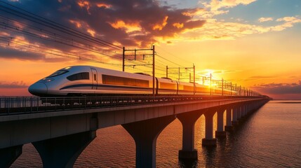 Poster - A dynamic shot of a high-speed train crossing a bridge at sunset, with the golden light reflecting off its smooth, aerodynamic design.