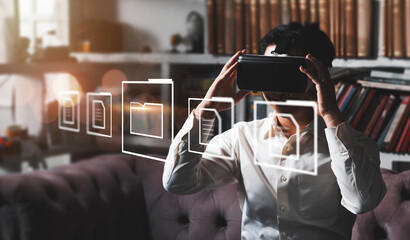 Poster - businessman worker using vr virtual reality augment headset gear folder data and document management