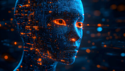 Poster - Futuristic robot head illuminated with glowing circuitry and digital elements, symbolizing advanced technology and artificial intelligence.