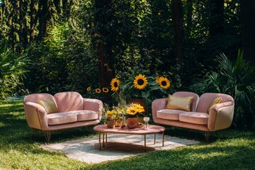 Wall Mural - A relaxed area in the garden of a villa with tables and chairs, wood, and outdoor space