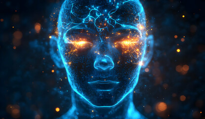 Poster - A futuristic depiction of a glowing human head with illuminated features, representing artificial intelligence and technology.