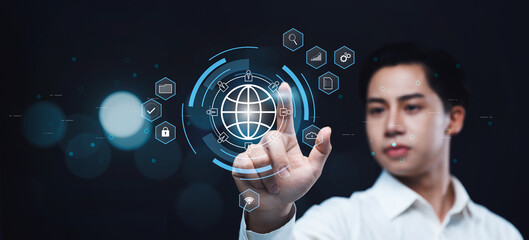 Poster - businessman online internet sharing data transferring information with others, sharing files and doc