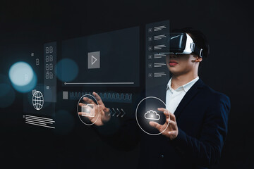 Poster - Businessman using VR virtual reality headset gear, working with multimedia software application technology, tools for business production, managing computer files document in augmented reality.