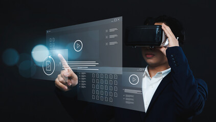 Poster - Businessman using VR virtual reality augment headset gear for analyzing future company's financial revenue, information computer system calculation storage data technology, document sharing transfer.