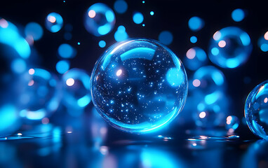 Poster - Colorful blue bubbles float in a dark space, creating a magical and dreamy atmosphere with sparkling reflections.