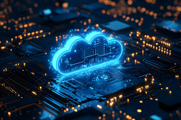 Poster - Futuristic cloud computing concept with glowing blue cloud on a dark circuit board, symbolizing digital data storage and connectivity.