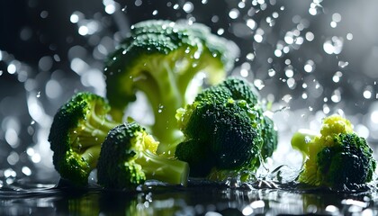 Wall Mural - Fresh broccoli rinse with water in a vibrant kitchen setting