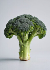 fresh healthy green broccoli vegetable or veggie, curly vegetables isolated in light grey background.