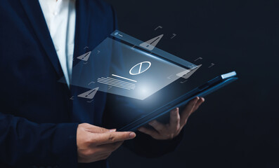 Poster - Blocked from accessing Online internet web page of websites security, Internet Caution and warning on risks and threats that can harm your business data and information on tablet.