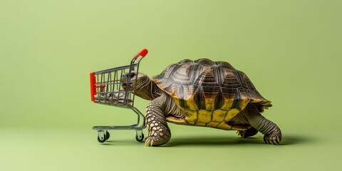 Slow Tortoise Shopping: Cute reptile pushing a cart on green background.