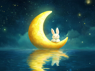 a cute bunny floating on a cloud in a dreamy night sky with a full moon shining brightly.