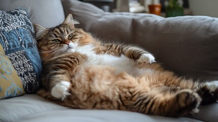 Poster - A fluffy overweight cat sprawled out on a cozy sofa, surrounded by plush pillows, looking relaxed and content.