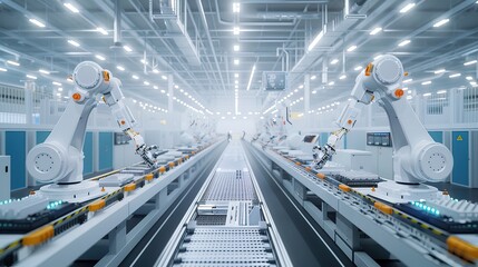 Advanced electric vehicle battery production line with robotic arms assembling lithium-ion cells. Futuristic factory interior featuring conveyor belts, technicians in clean room suits, high-tech machi