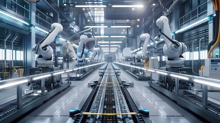 Advanced electric vehicle battery production line with robotic arms assembling lithium-ion cells. Futuristic factory interior featuring conveyor belts, technicians in clean room suits, high-tech machi