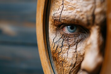 Close-up of a Man's Eye with Tree Bark Skin.