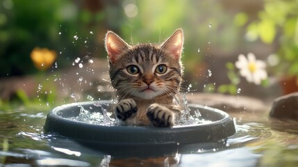 Poster - A high-quality image of a cat sitting in a small splash pool, with its paws dipped in the water and a content expression, surrounded by a summer backyard setting.
